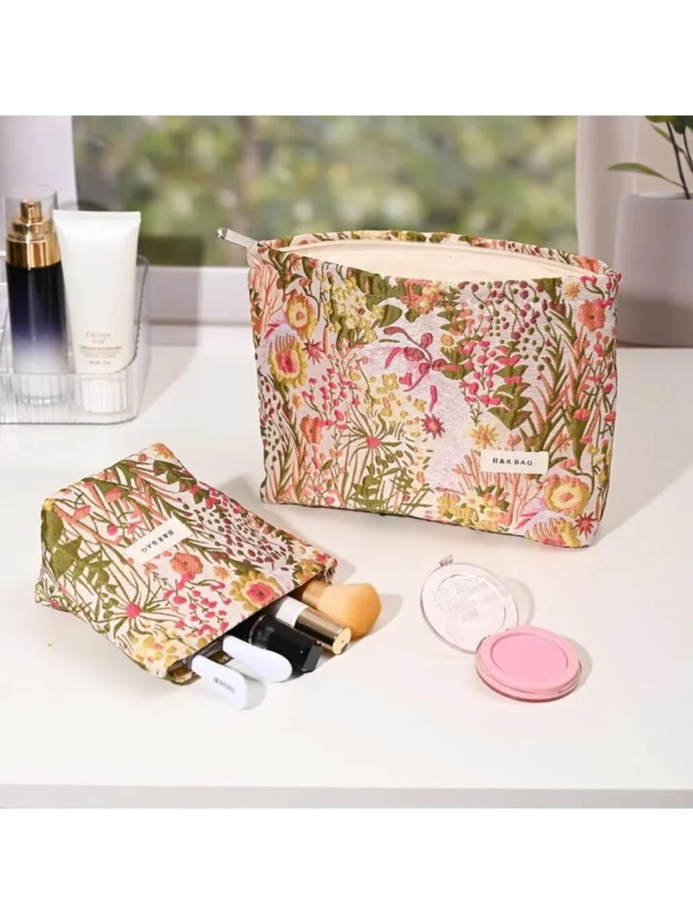 Large Floral Embroidery Makeup Bag | Vintage Cosmetic Pouch for Travel & Daily